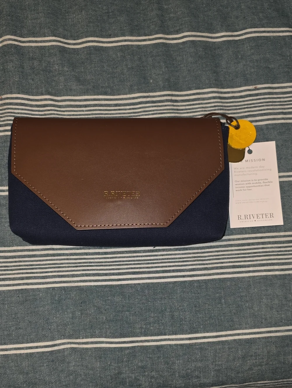 R.Riveter Navy Canvas Crossbody Clutch with Brown Leather Flap